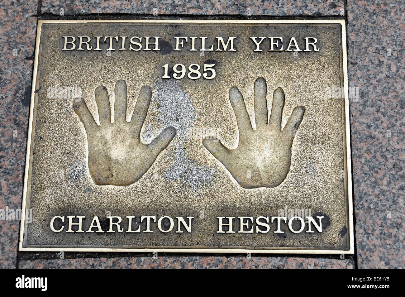 Charlton Heston, Palm drucken, Leicester Square, London, England, Vereinigtes Königreich, Europa Stockfoto