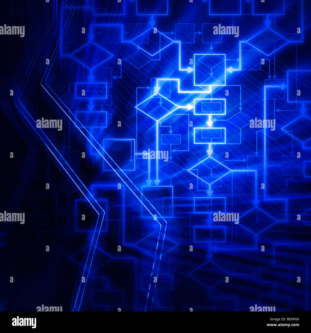 Leuchtende blaue Flussdiagramm Diagramm konzeptioneller Hintergrund Stockfoto