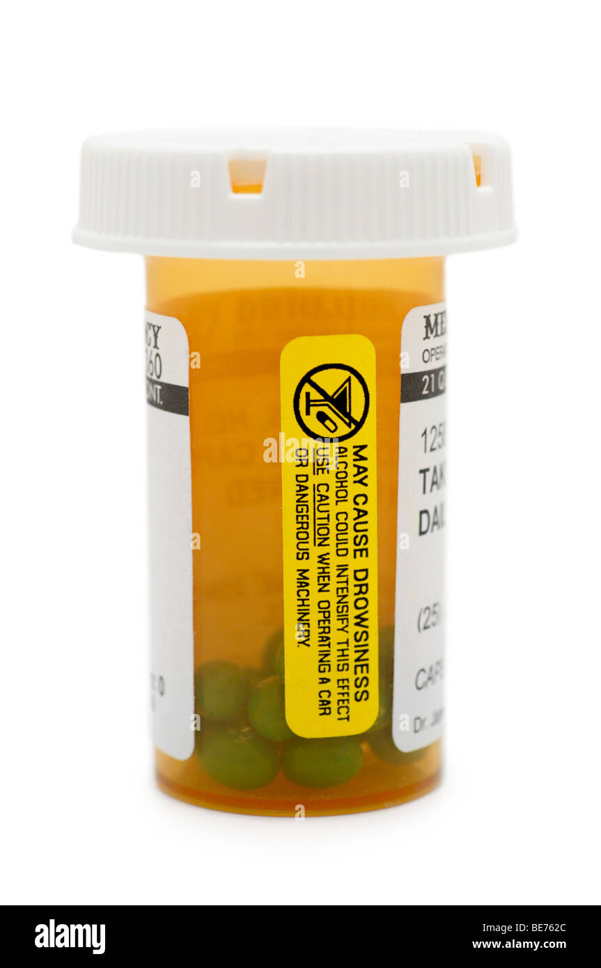 Rezept-Flasche mit beratenden / Warnung Nachrichten auf den Etiketten. Stockfoto