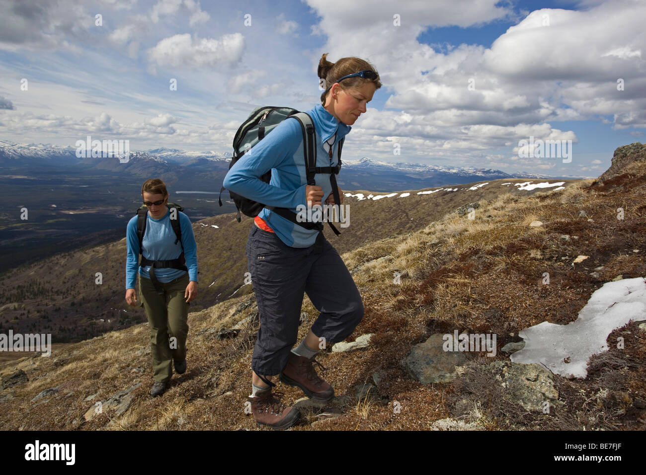 Zwei junge Frau wandern, Mt. Lorne, Berge, Pazifikküste Ranges Behind, Yukon Territory, Kanada, Nordamerika Stockfoto