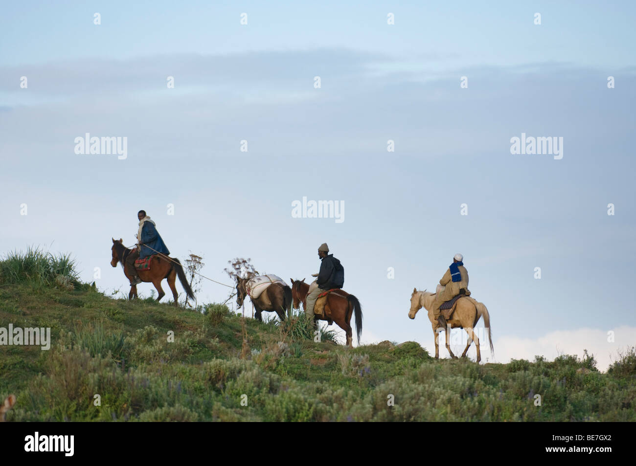 Menschen vor Ort auf dem Pferderücken, Bale-Mountains-Nationalpark, Äthiopien Stockfoto