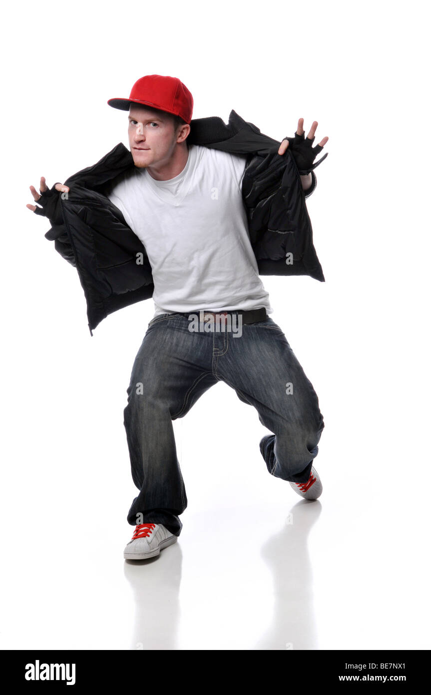 Hip Hop Style Tänzer Durchführung vor einem weißen Hintergrund isoliert Stockfoto