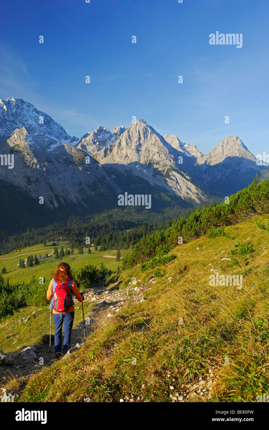 Frau Abstieg zum alpine Hütte Ehrwalder Alm mit Blick auf Griesspitze, Tajakopf und Ehrwalder Sonnenspitze, Mieminger Gebirge ra Stockfoto