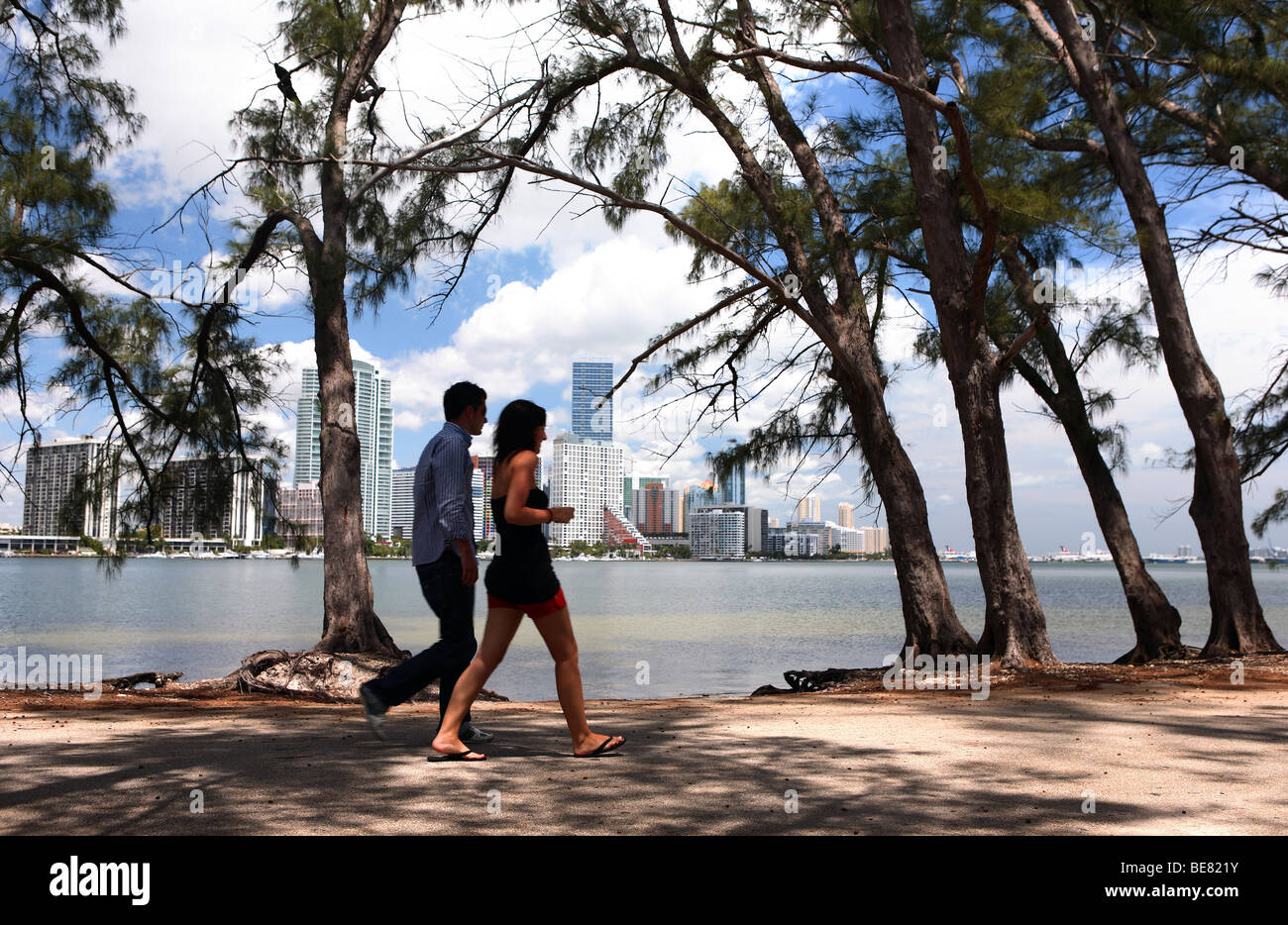 Ein paar, ein Spaziergang im Schatten der Pinien, Key Biscayne, Miami, Florida, USA Stockfoto