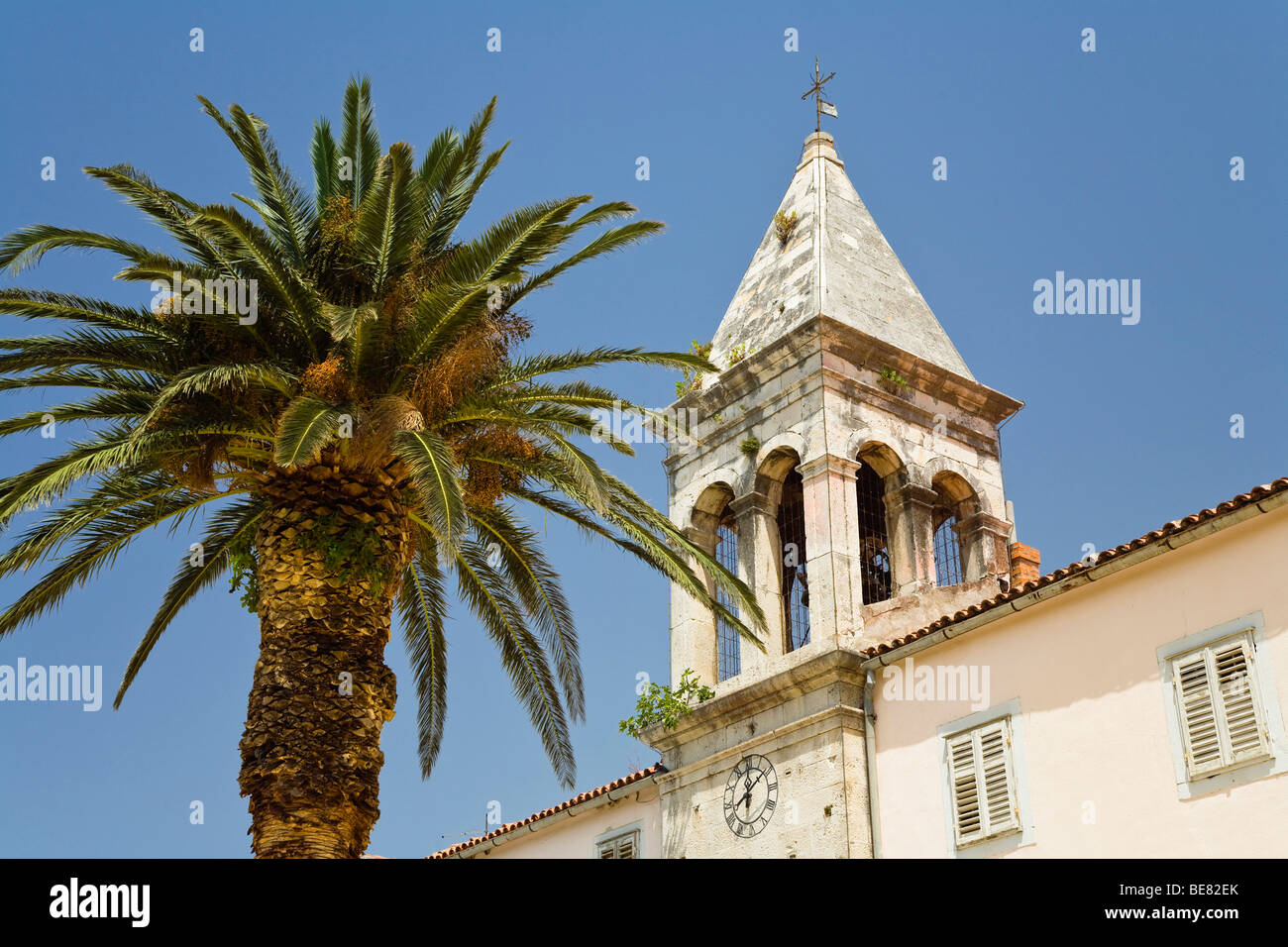 Glockenturm mit Palme unter blauem Himmel, Makarska, Dalmatien, Kroatien, Europa Stockfoto