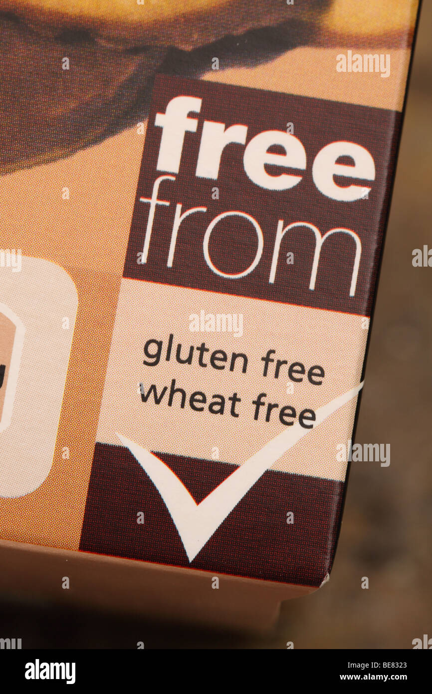 Gluten freie und kostenlose Weizen Essen Produkt Verpackung Label Allergie Beratung Warnung Stockfoto