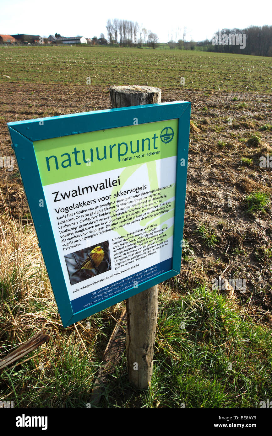 Infobord in Akker in Atuurreservaat, Zwalmvallei, Belgien-Info-Panel im Bereich in der Natur zu reservieren, Tal Zwalm, Belgien Stockfoto