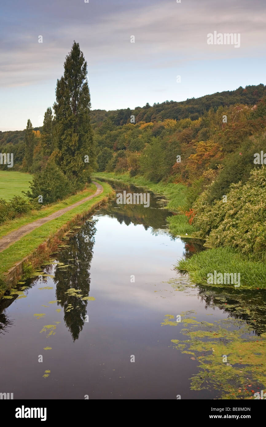 Huddersfield breiter Kanal und Leinpfad im Herbst bei Bradley, Huddersfield, West Yorkshire, Großbritannien Stockfoto