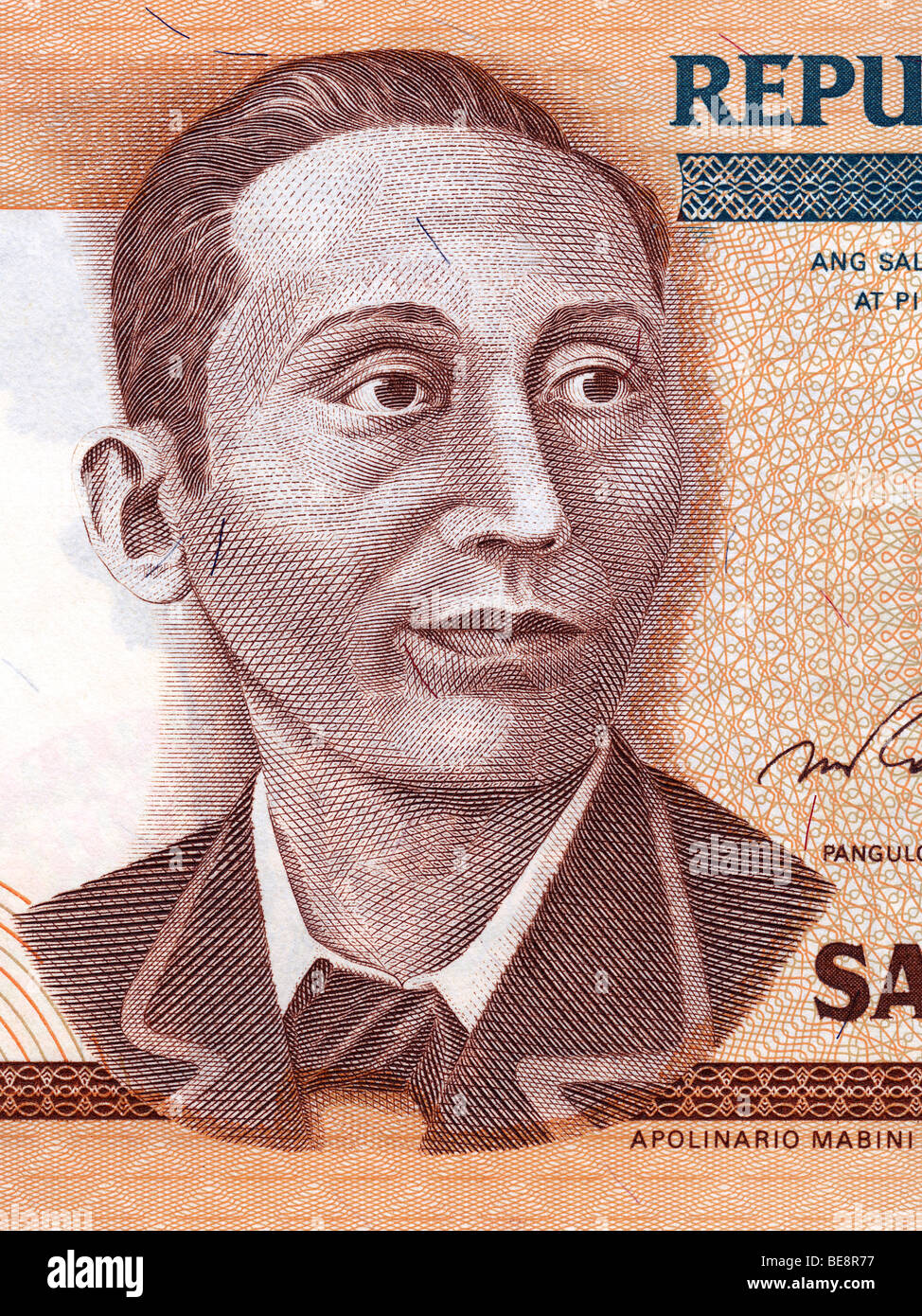 Philippine 10 Peso-Banknote, Apolinario Mabini Portrait. Stockfoto