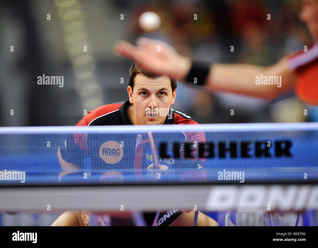Mehrfache Europameister im Einzel, Doppel und Team Deutschland, Timo Boll Tischtennis EM 2009, Porsche-Arena, Stuttgart, Bad Stockfoto
