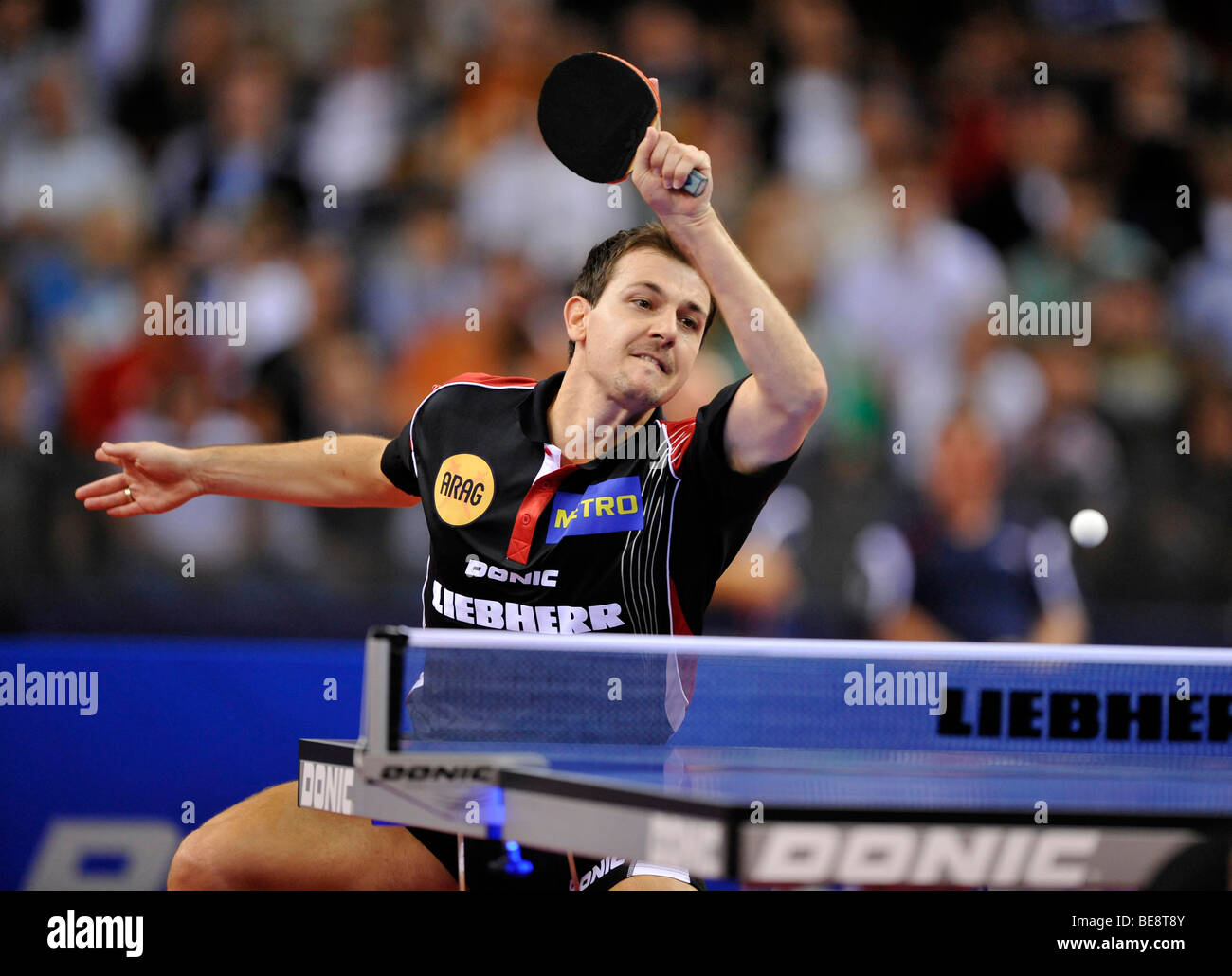 Mehrfache Europameister im Einzel, Doppel und Team Deutschland, Timo Boll Tischtennis EM 2009, Porsche-Arena, Stuttgart, Bad Stockfoto