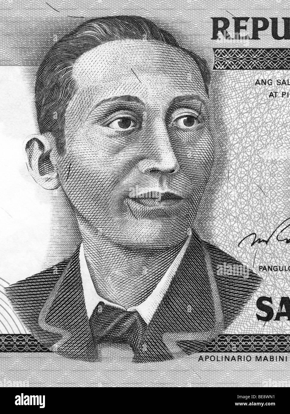 Philippine 10 Peso-Banknote, Apolinario Mabini Portrait. Stockfoto