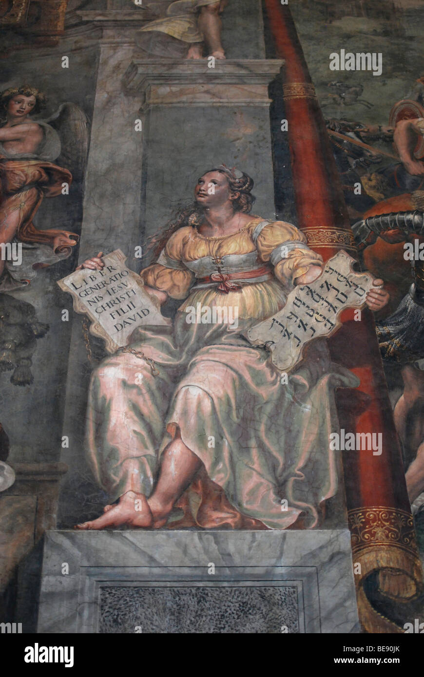 Detail des Gemäldes Schlacht an der Milvischen Brücke in der Sala di Costantino, sitzende Frau, Vatikan Kammern, Vatikanische Museen, Stockfoto