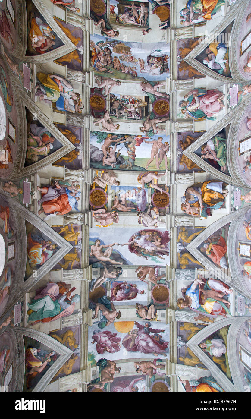 Deckenfresko Italien Lazio Rom Vatikanstadt die Sixtinische Kapelle von Michelangelo, die Erschaffung der Welt und Sündenfall Darstellung Stockfoto