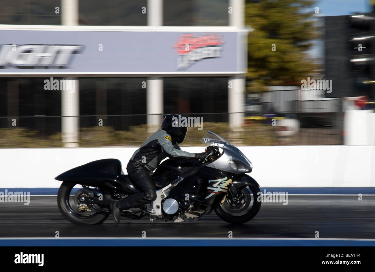 Motorrad bei einer Veranstaltung der NHRA Drag Racing. Stockfoto
