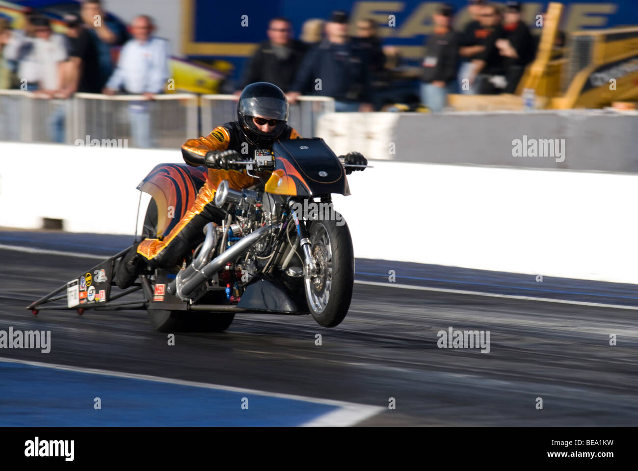Motorrad bei einer Veranstaltung der NHRA Drag Racing. Stockfoto