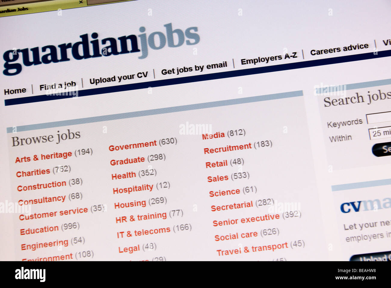 Screenshot der Webseite Guardian Arbeitsplätze Stockfoto