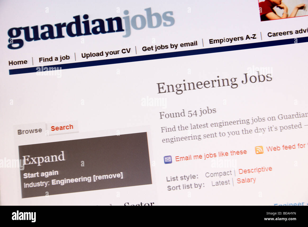 Screenshot des Guardian Ingenieurberufen Webseite Stockfoto