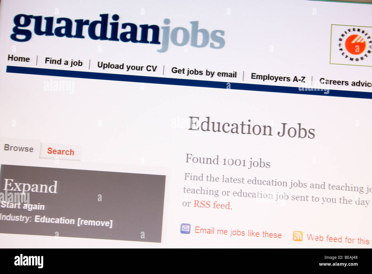 Screenshot der Webseite Guardian Erzieher Jobs Stockfoto