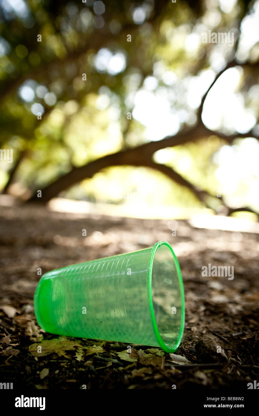 leere grüne Plastikbecher in einem Park in Southern california Stockfoto