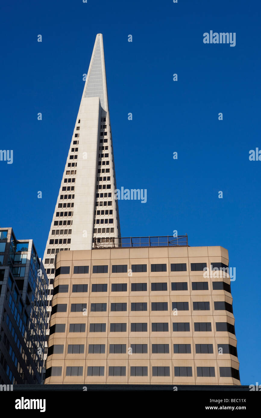 Niedrigen Winkel Ansicht der Wolkenkratzer in einer Stadt, die Transamerica Pyramid, San Francisco, Kalifornien, USA Stockfoto
