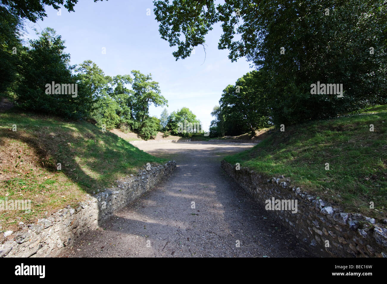 Eingang zum römischen Überreste des Amphitheaters geht Calleva Atrebatum Hampshire England UK Stockfoto
