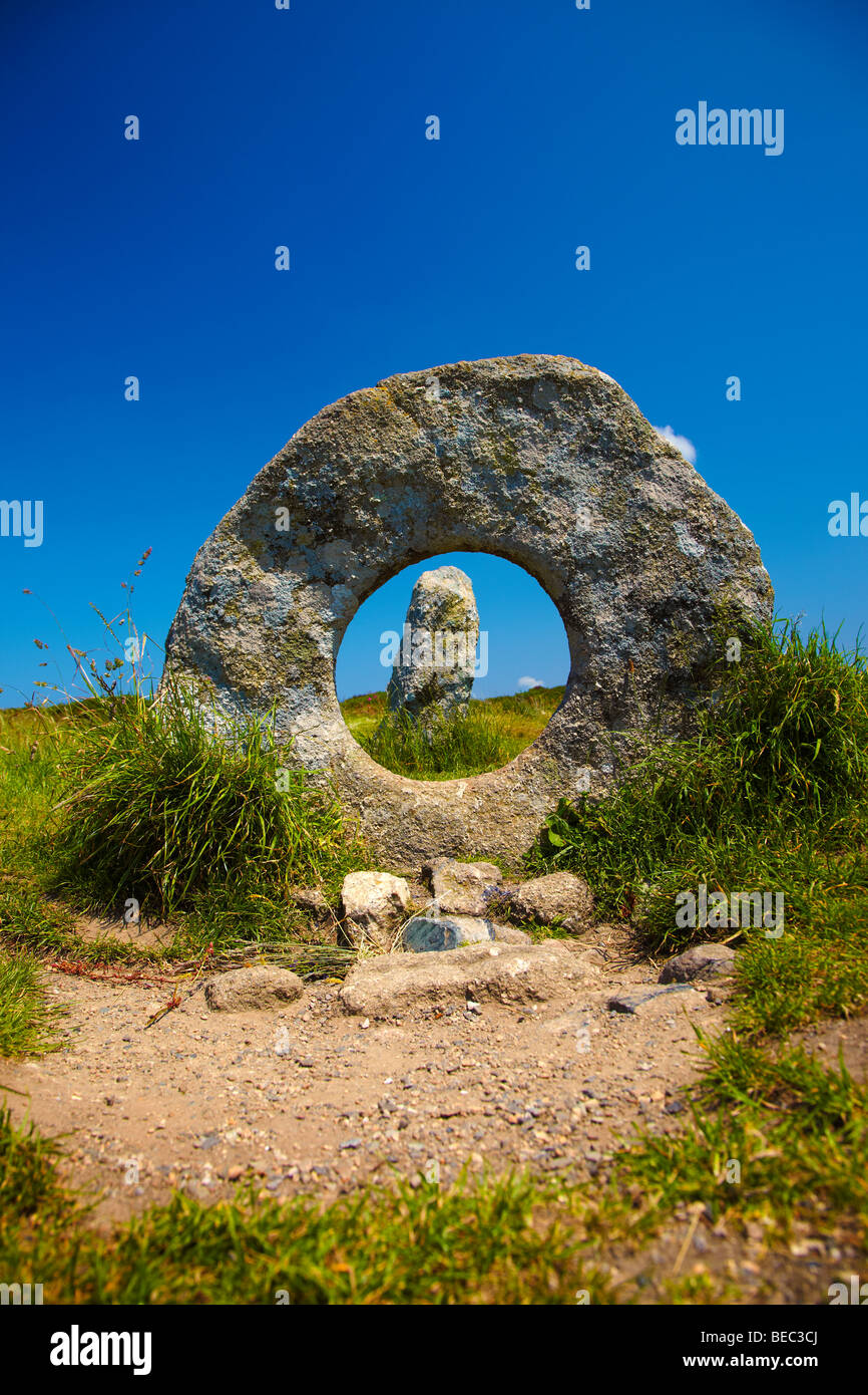 Men ein Tol Megalith-Denkmal in der Nähe von Morva, Cornwall, England, UK Stockfoto
