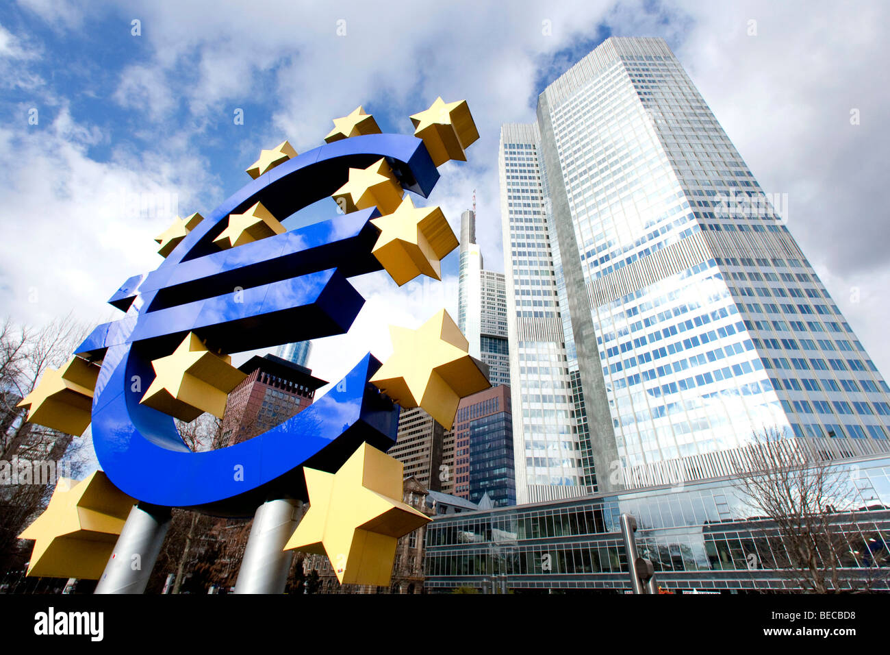 Europäischen Zentralbank mit Euro-Symbol in Frankfurt Am Main, Hessen, Deutschland, Europa Stockfoto