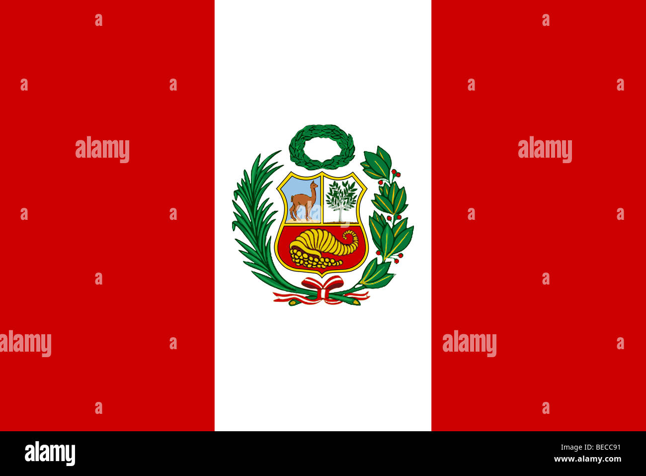 Peruanische Flagge mit Staatswappen Stockfoto
