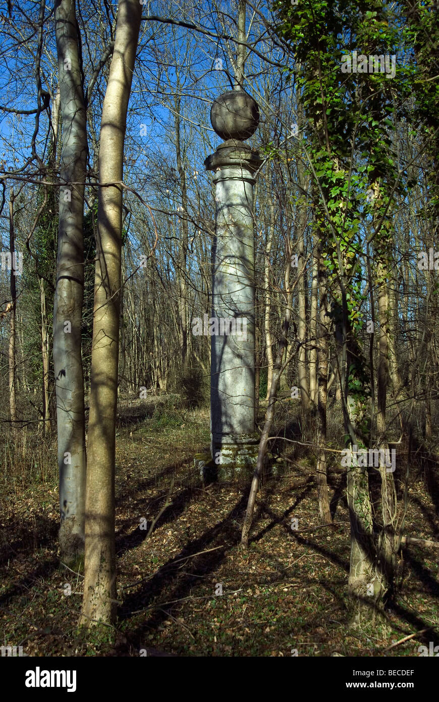 Steinsäule mit Ball unter Bäumen in einem Wald auf dem Gelände eines alten herrschaftlichen Hauses in england Stockfoto