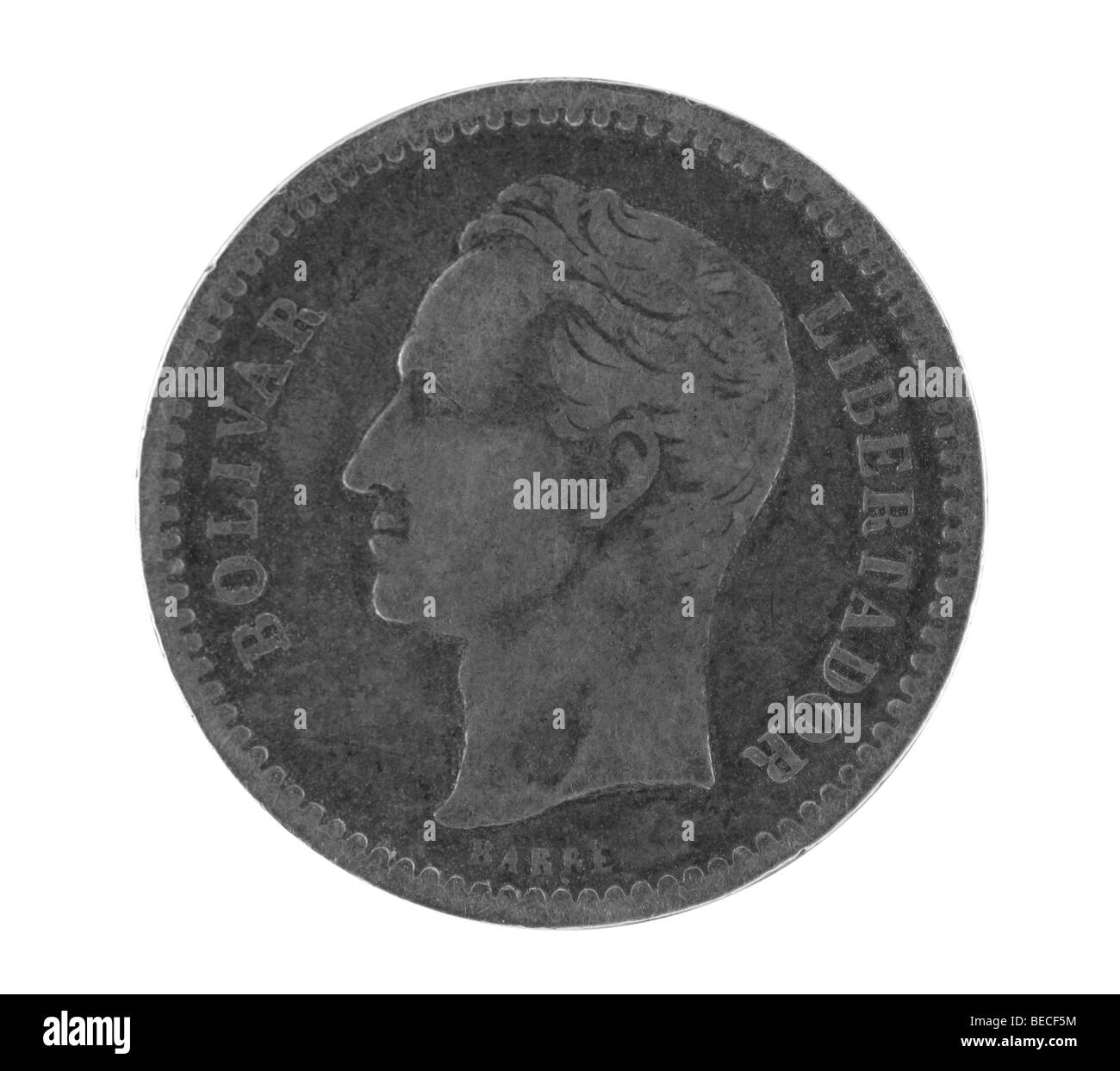 Bolivar auf alte Silbermünze aus Venezuela Stockfoto