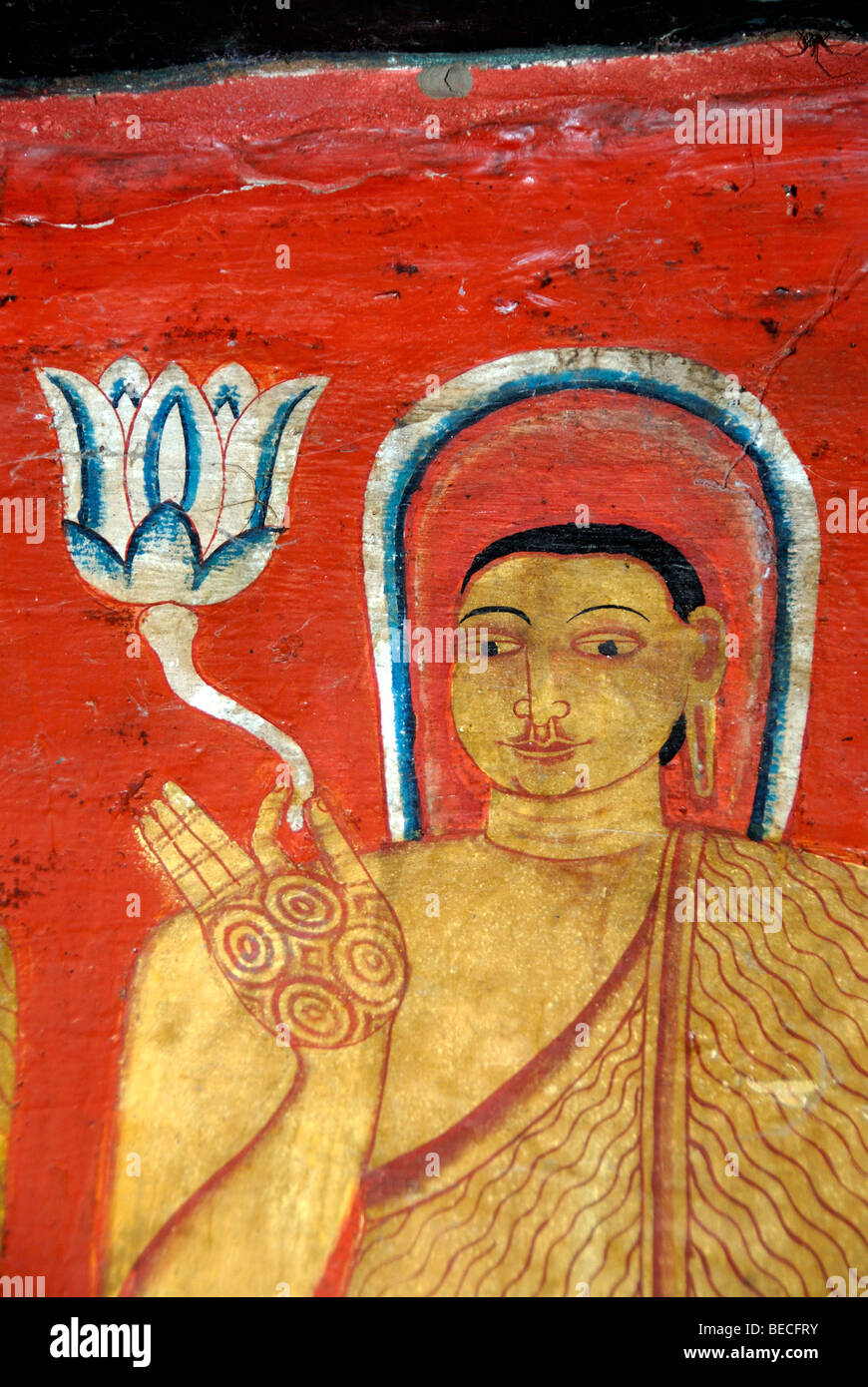 Buddhismus, antike Wandmalerei, Buddha mit Nimbus Lotusblume in seiner Hand hält, Mulgirigala Tempel, Mulkirigala, Ceylon, Stockfoto