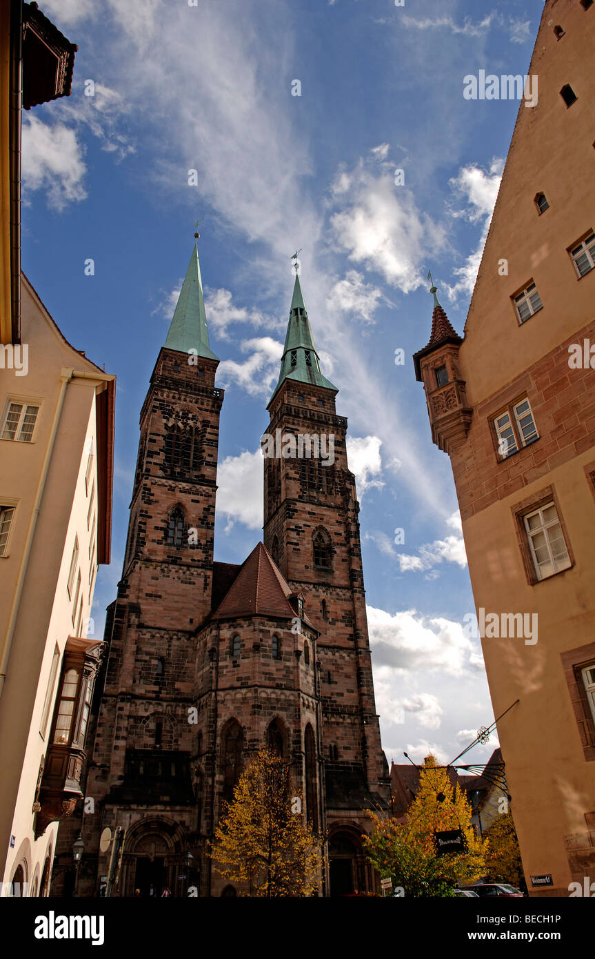 Türme der Sebaldus-Kirche, Nürnberg, Middle Franconia, Bayern, Deutschland, Europa Stockfoto