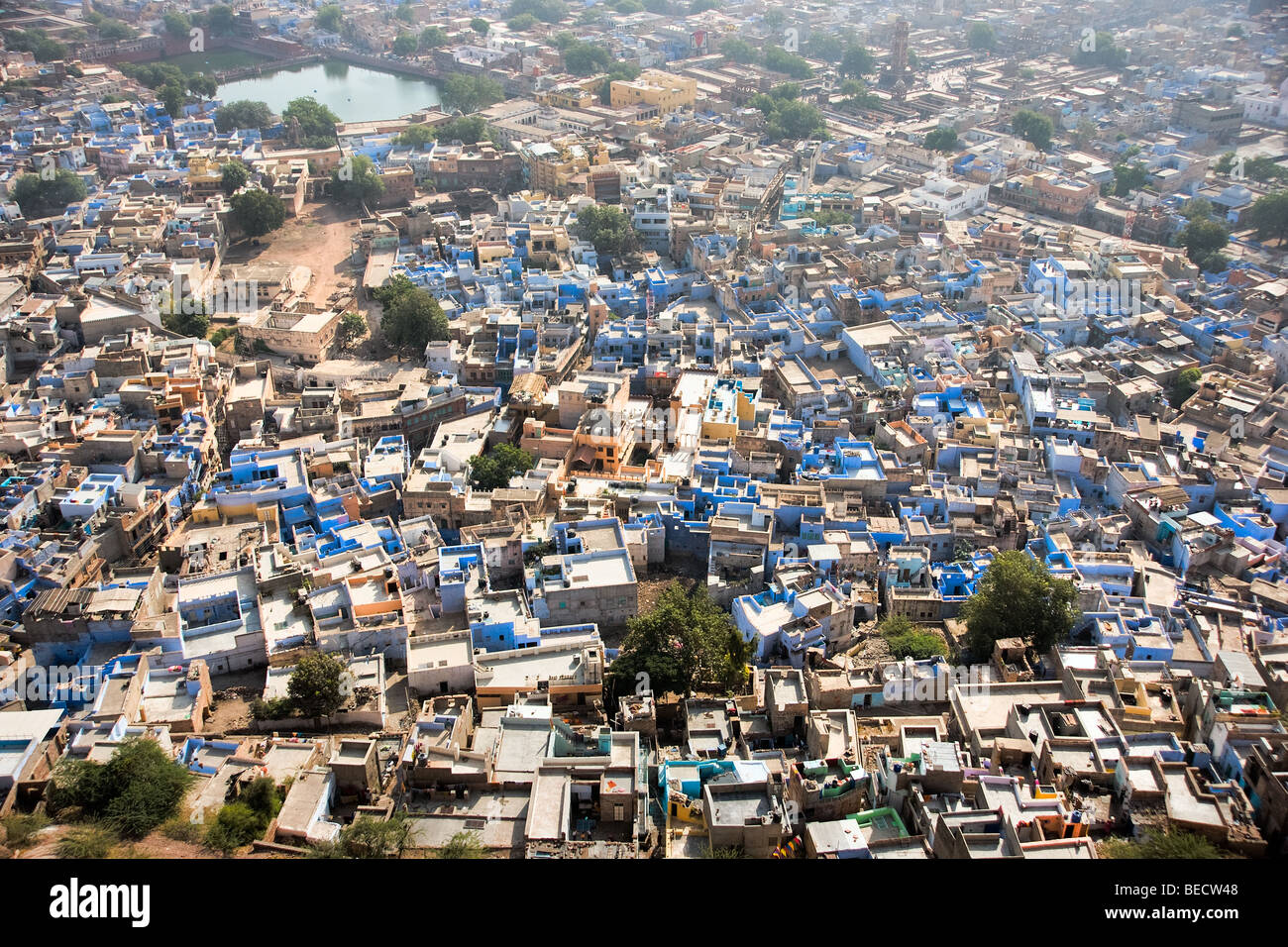 Ansicht von Jodhpur, die blaue Stadt. Aus dem Mehrangarh Fort. Stockfoto