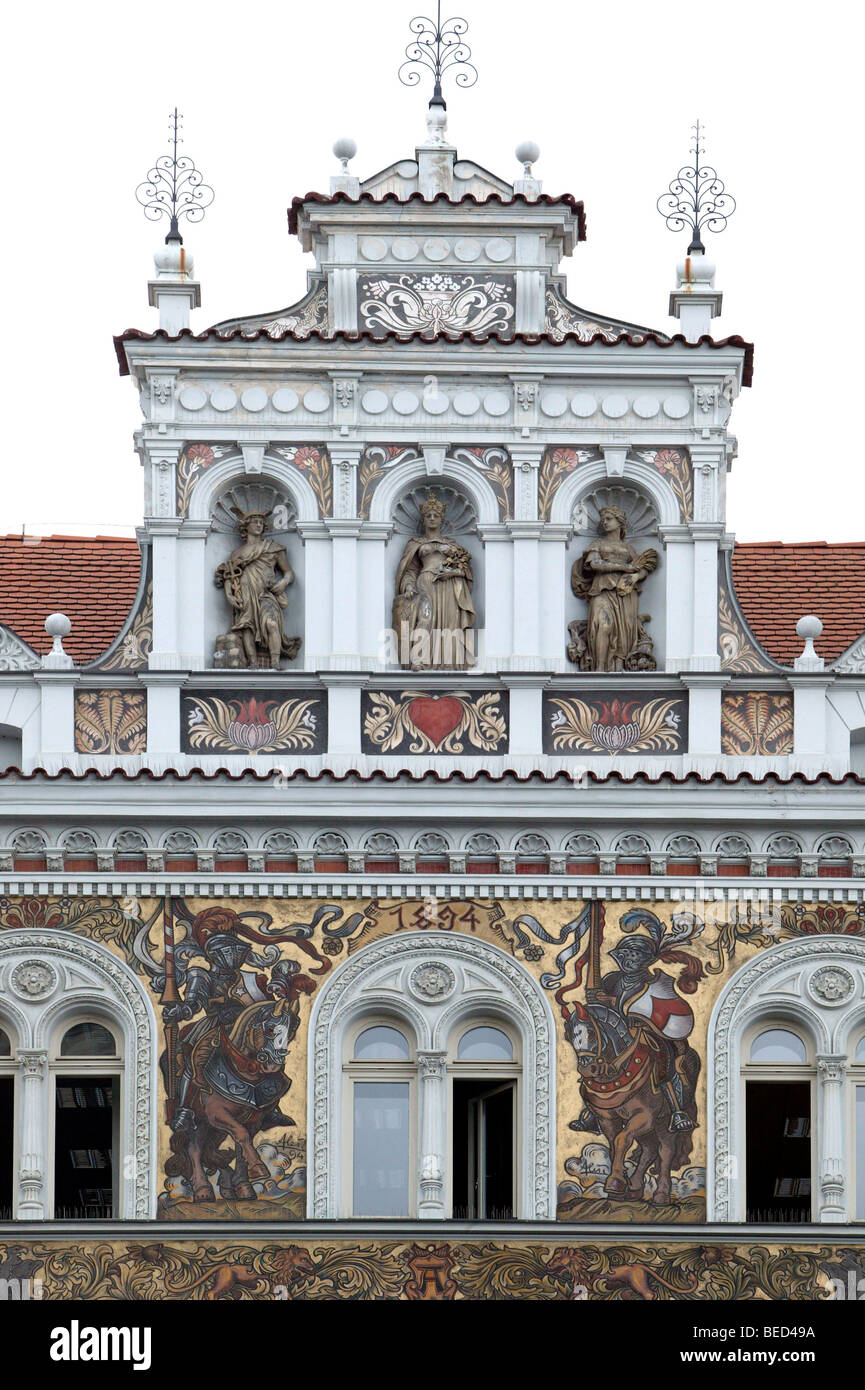 Renaissance Hausfassaden mit Sgraffito-Malereien auf dem Platz der Republik in Pilsen, Pilsen, Böhmen, Tschechische Republik, Eur Stockfoto