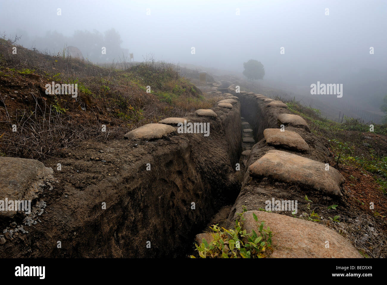Graben in Nebel, DinhBin, Nord-Vietnam, Südostasien Stockfoto