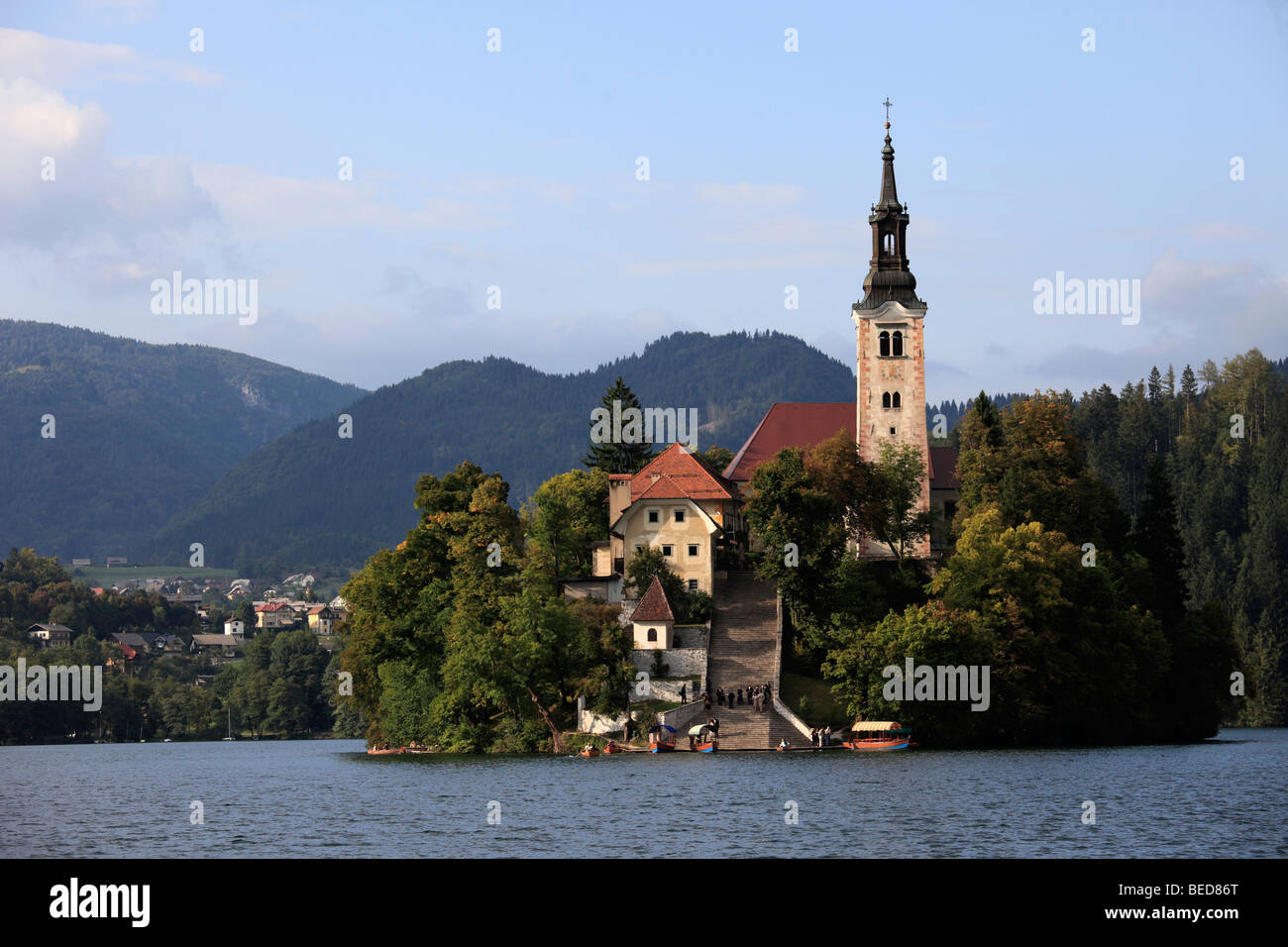 Slowenien, Bled, See, Insel, Kirche Mariä Himmelfahrt Stockfoto
