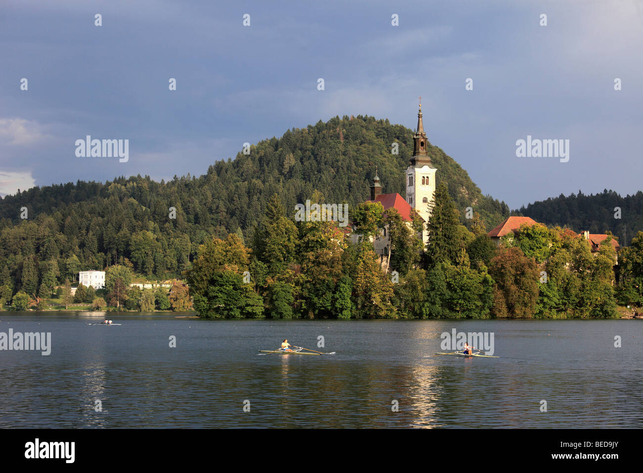 Slowenien, Bled, See, Insel, Kirche Mariä Himmelfahrt Stockfoto