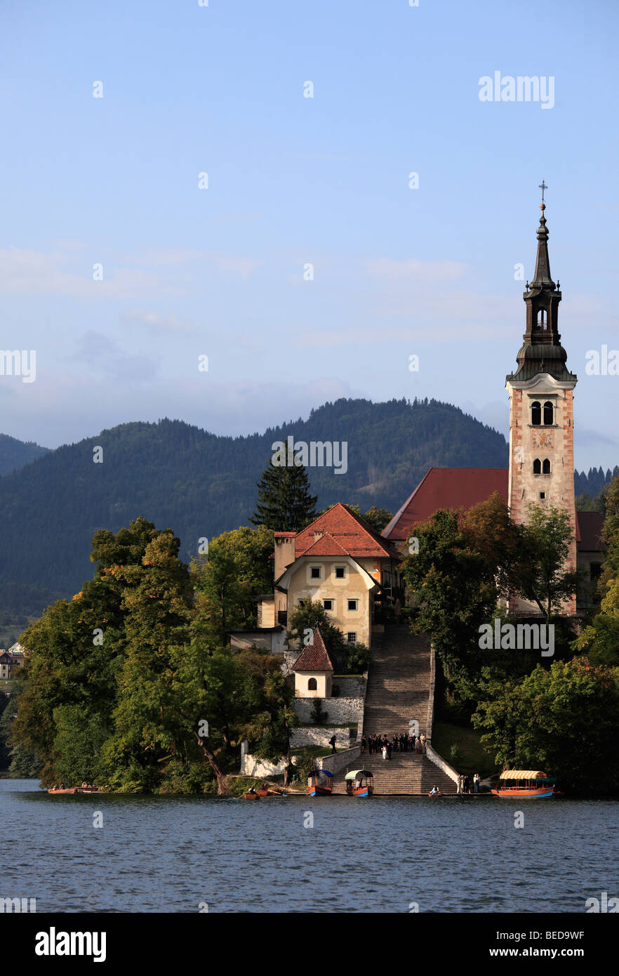 Slowenien, Bled, See, Insel, Kirche Mariä Himmelfahrt Stockfoto