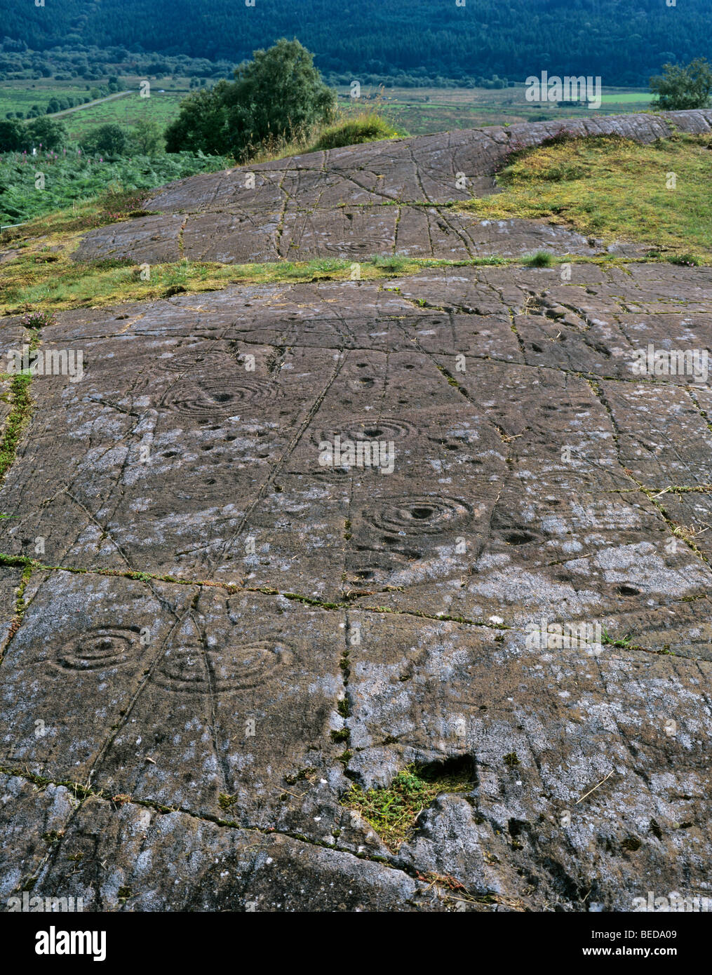 Gravierten Steinen am Achnabreck, Tasse und Ring markiert, Kilmartin, Schottland, Vereinigtes Königreich, Europa Stockfoto