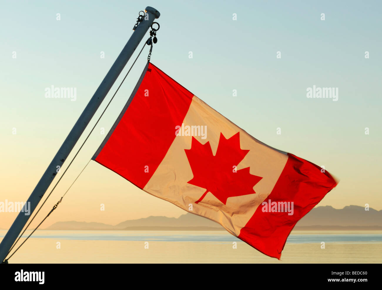 Kanadische Flagge auf einem Schiff in Morgen Licht, Britisch-Kolumbien, Kanada, Nordamerika Stockfoto Kanadische Flagge auf einem Schiff in Morgen Licht, Britisch-Kolumbien, Kanada, Nordamerika Stockfoto