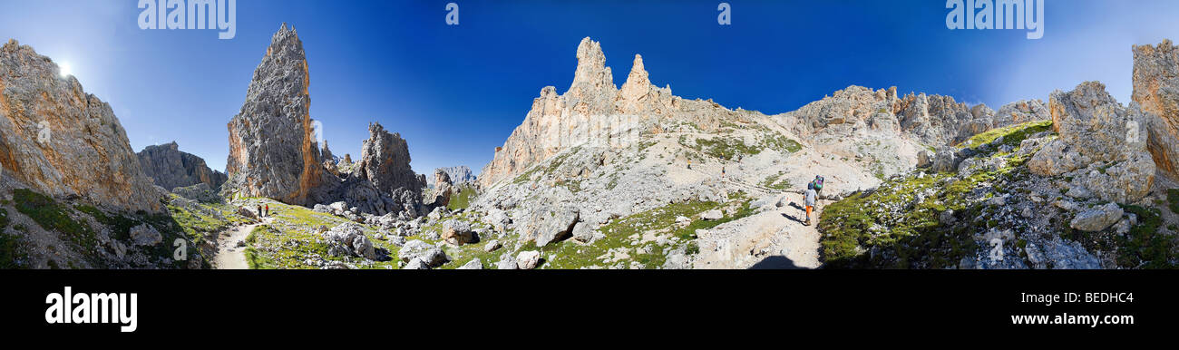 360° Panorama Blick auf den Col Cir, Puez-Geisler Nationalpark, Sëlva, Selva, Val Gardena, Gröden, Groednertal, Süd Stockfoto