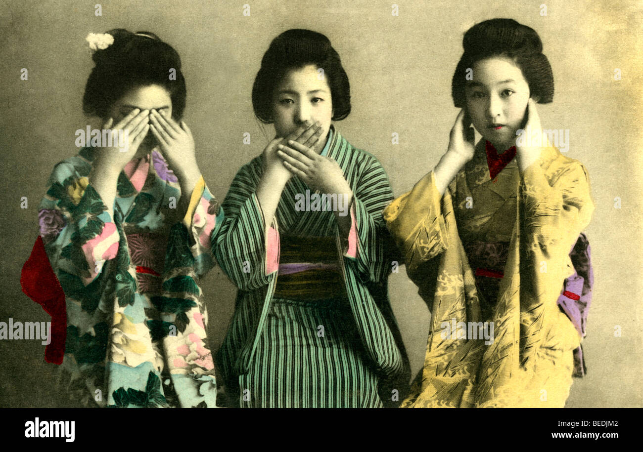 Historisches Foto, drei Japanerinnen, nichts Böses sehen, nichts Böses hören, sprechen kein Übel, um 1880 Stockfoto