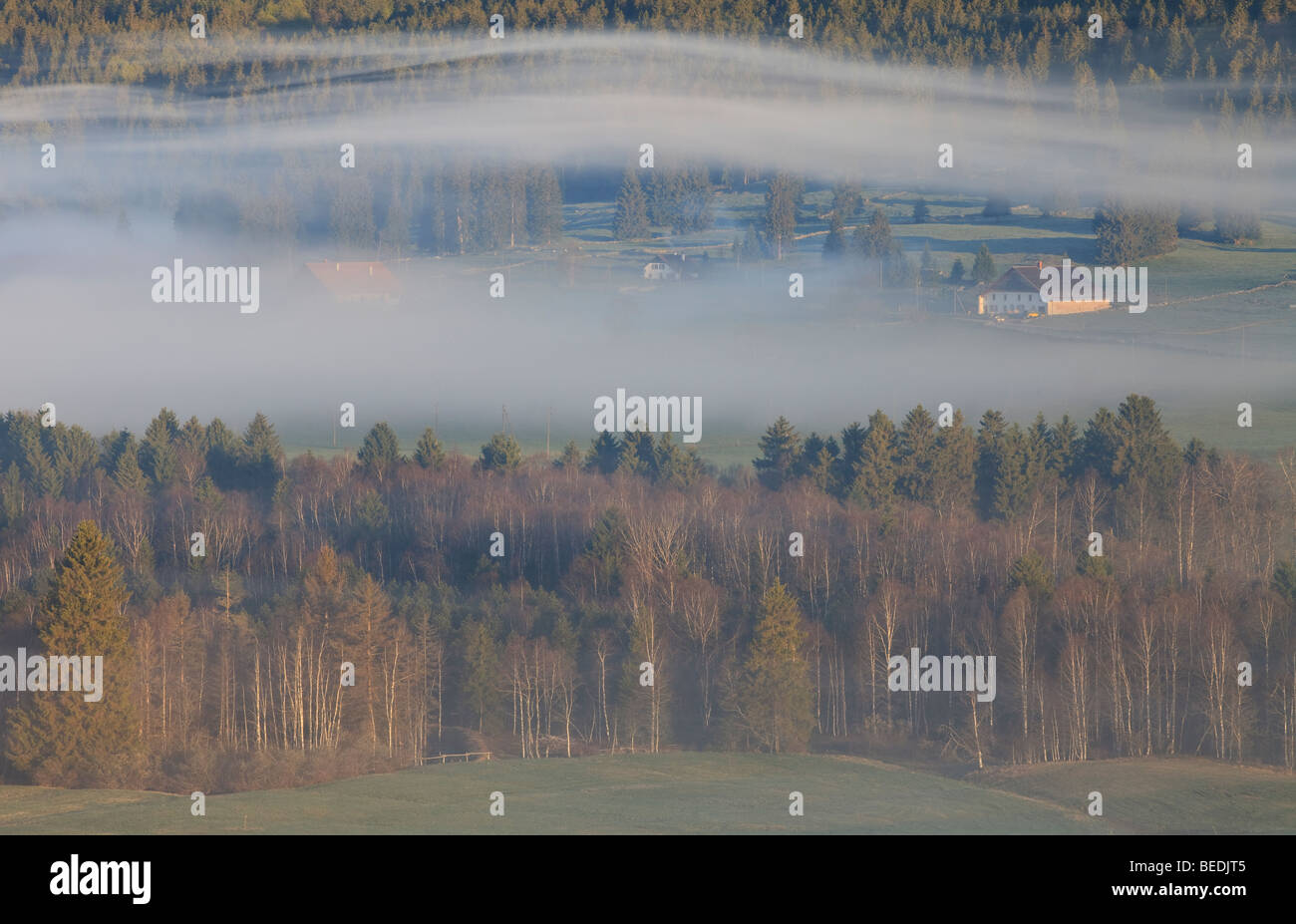 Hebel de Soleil Sur la Brume De La Vallée De La Brévine, Suisse Sonnenaufgang über dem Nebel der Tal von la Brévine in der Schweiz Stockfoto