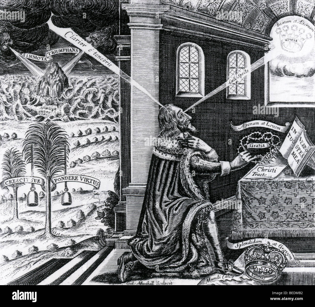 König CHARLES I als ein Märtyrer in einem 1649 Holzschnitt - siehe Beschreibung unten Stockfoto