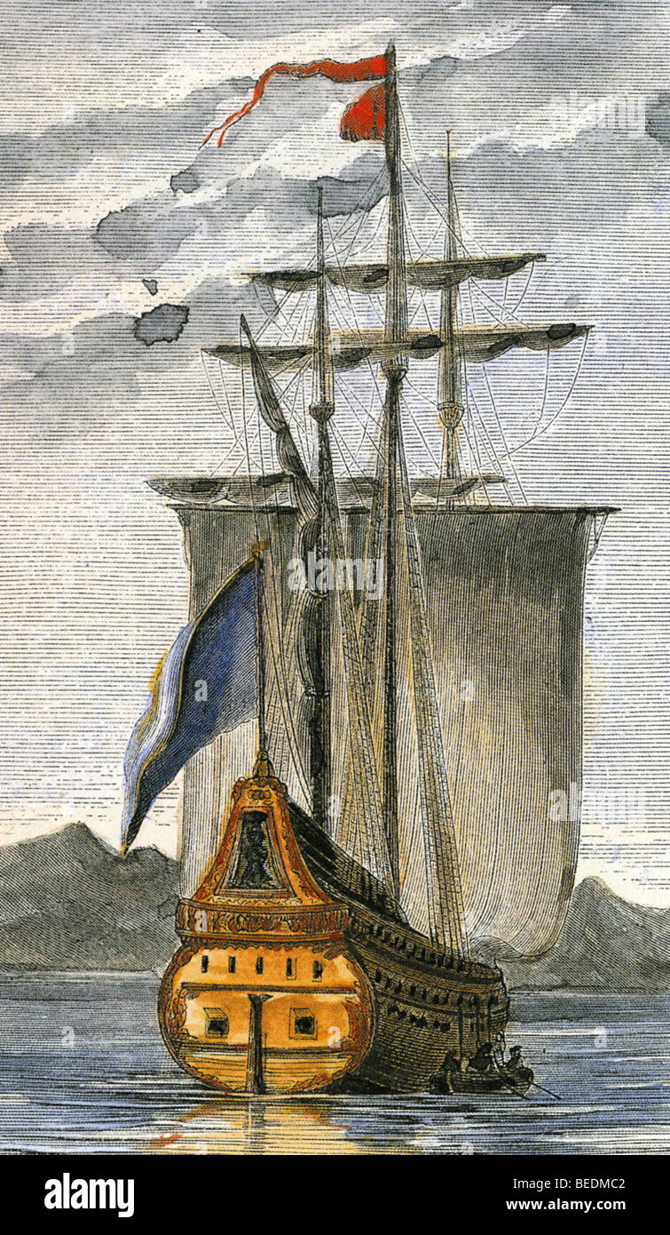 VASCO DE GAMA des 19. Jahrhunderts Gravur basiert auf einem aus dem 16. Jahrhundert Bild von seinem Flaggschiff St Catherine des Berges Sinai Stockfoto