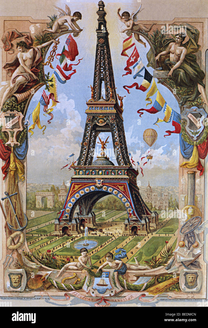 Eiffelturm wie in einem 1886 Abbildung freut sich auf die Öffnung für die Weltausstellung von 1889 Stockfoto