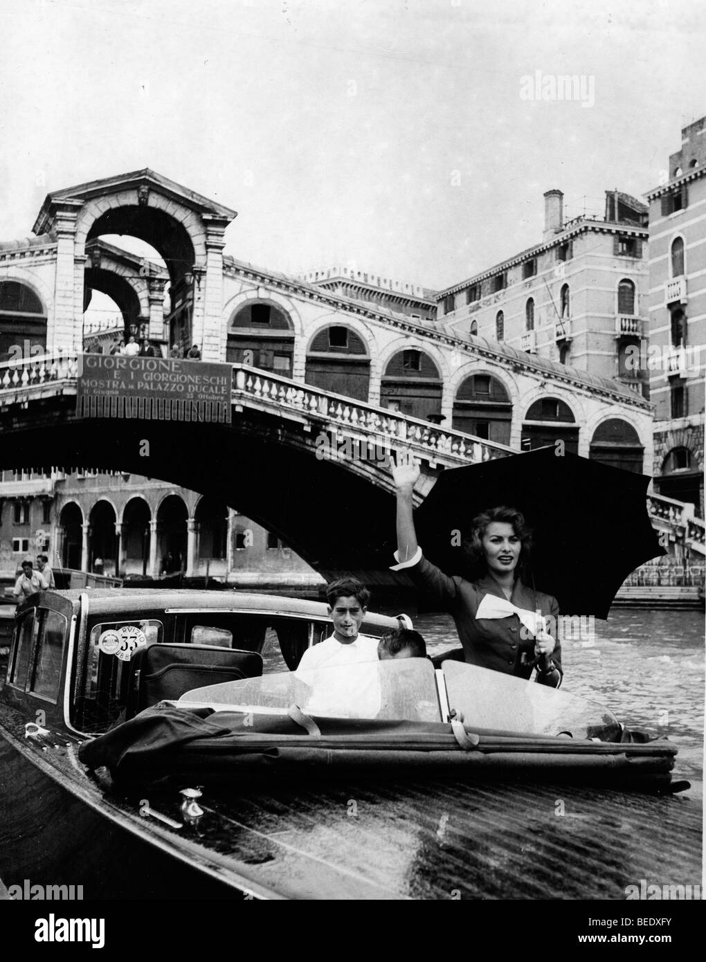Schauspielerin Sophia Loren in Venedig ankommen Stockfoto