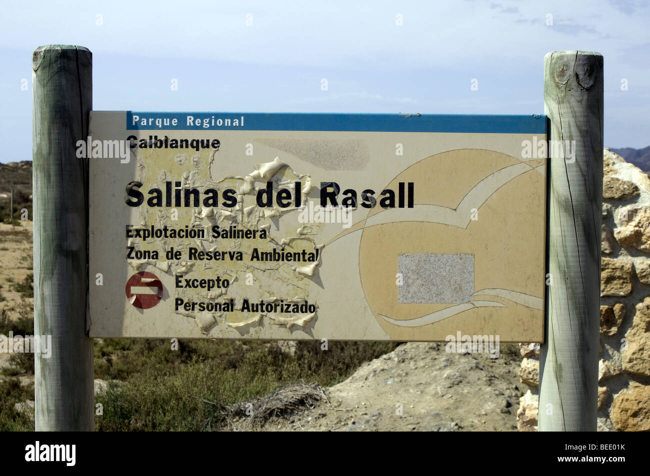 Zeichen Feldpost Parque Regional für Calblanque Salinas del Rasall, südlich von La Manga & das Mar Menor, Costa Calida, Spanien Stockfoto