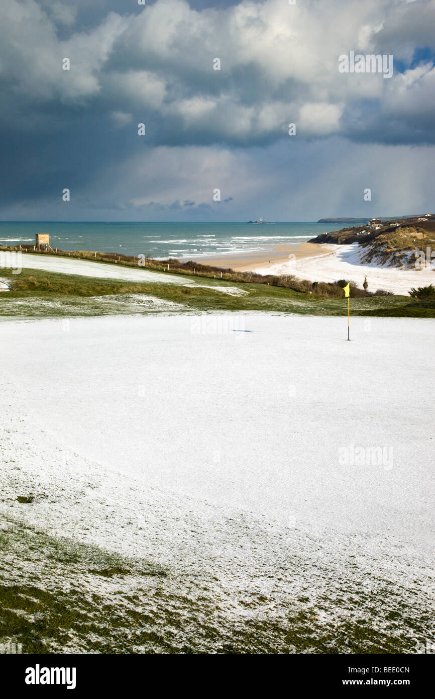 Lelant Golfplatz; Winter; Blick in Richtung Gwithian und Godrevy; Cornwall Stockfoto